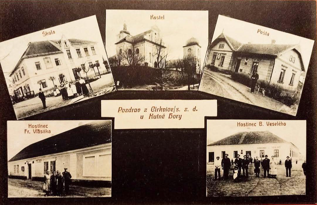 Historická pohlednice z Církvice se záběry školy, kostela, pošty a dvou hostinců, 1910